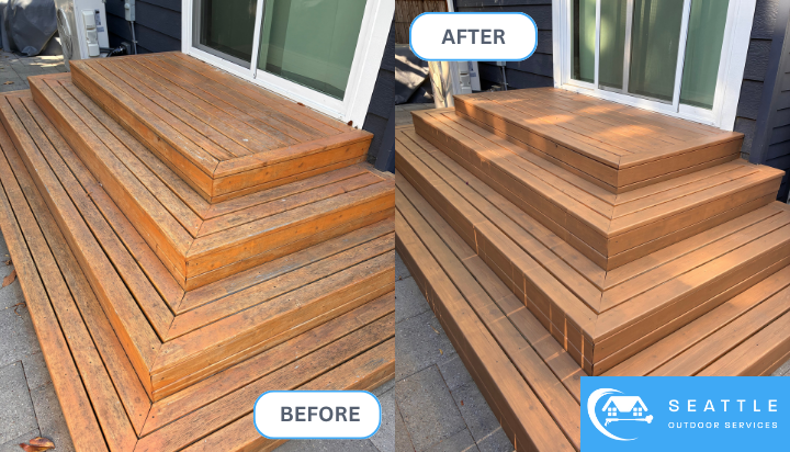 Image of an outdoor wooden deck with multiple stairs in Phinney Ridge neighborhood, 
              that has been completely sanded then stained.