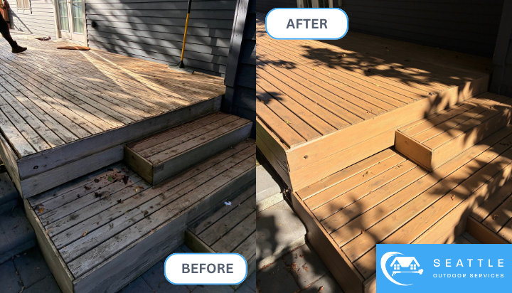 Image of an outdoor wooden deck in Phinney Ridge neighborhood, that has been completely sanded then stained.